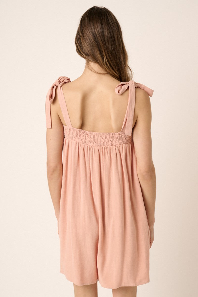 Tie Detail Smocked Neckline Wide Leg Romper