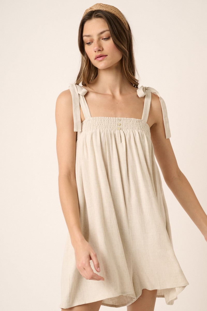 Tie Detail Smocked Neckline Wide Leg Romper