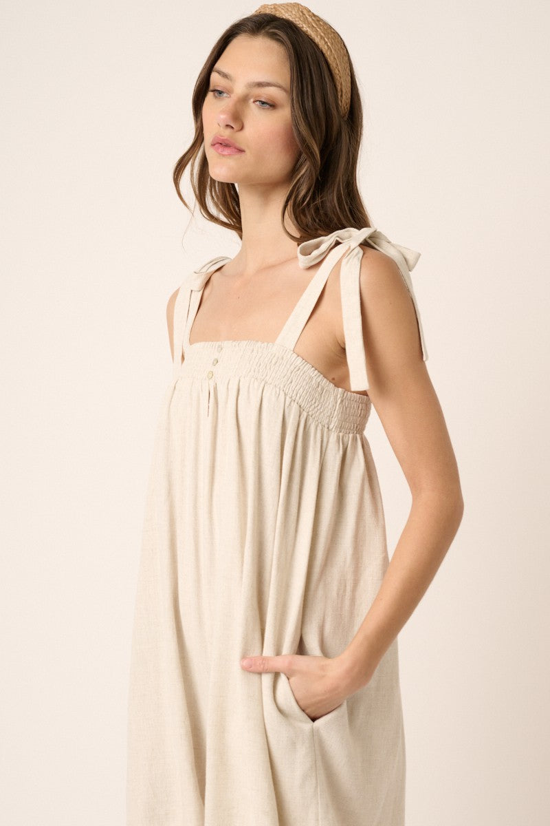 Tie Detail Smocked Neckline Wide Leg Romper