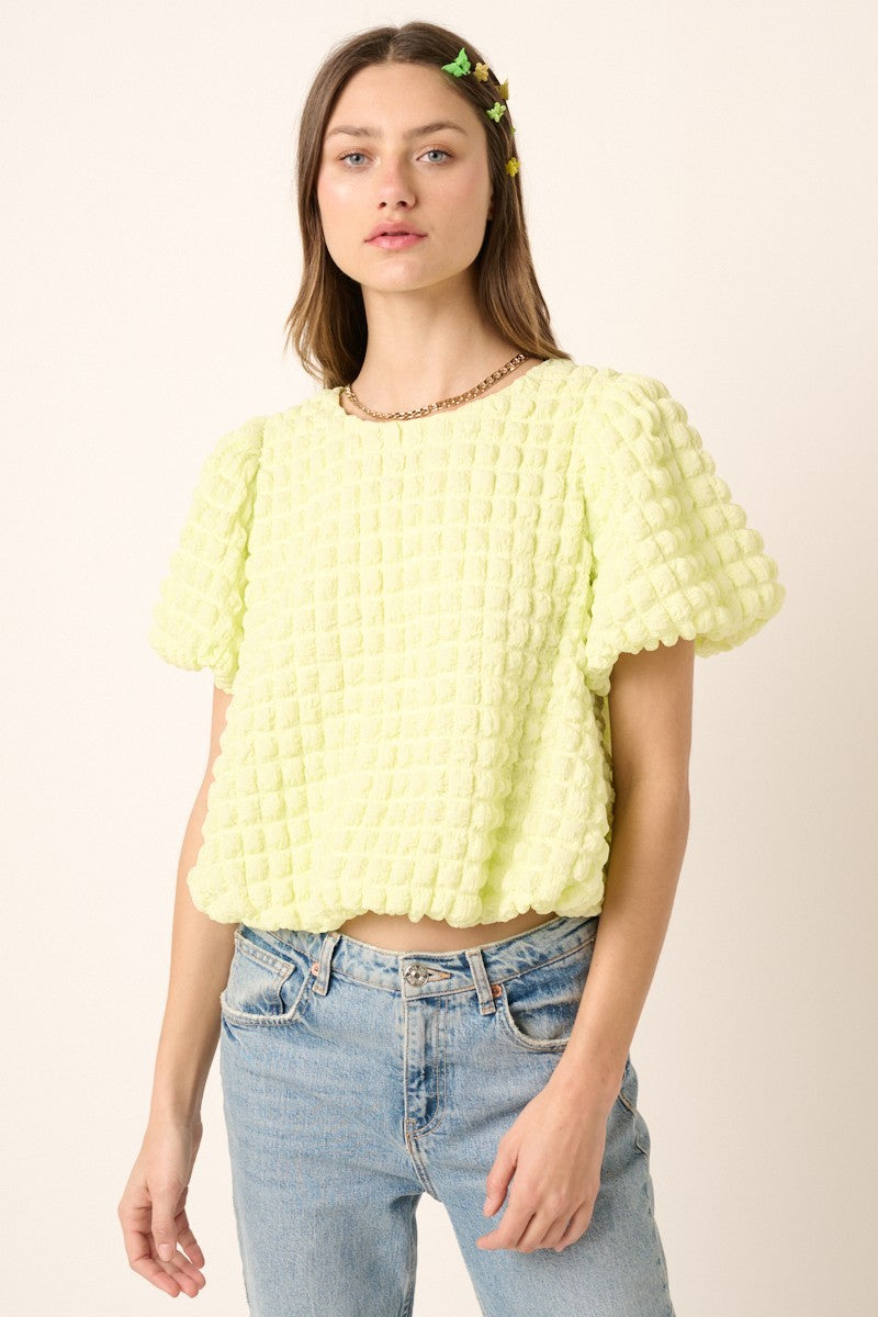 Bubble Texture Round Neck Balloon Sleeve Top