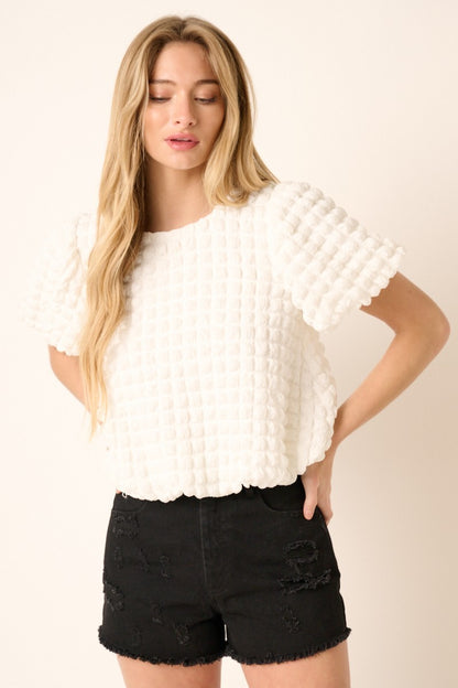 Bubble Texture Round Neck Balloon Sleeve Top