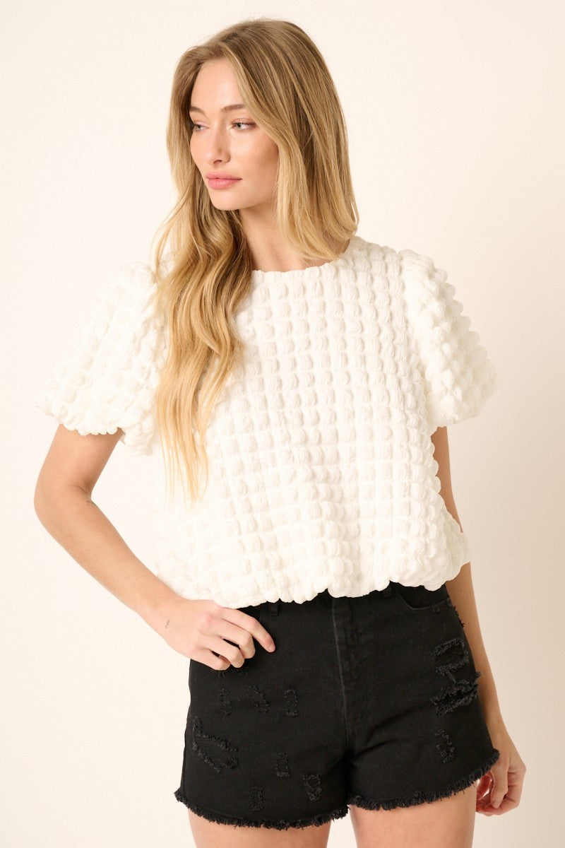 Bubble Texture Round Neck Balloon Sleeve Top