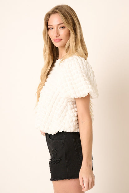 Bubble Texture Round Neck Balloon Sleeve Top