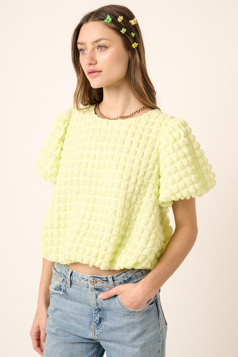 Bubble Texture Round Neck Balloon Sleeve Top