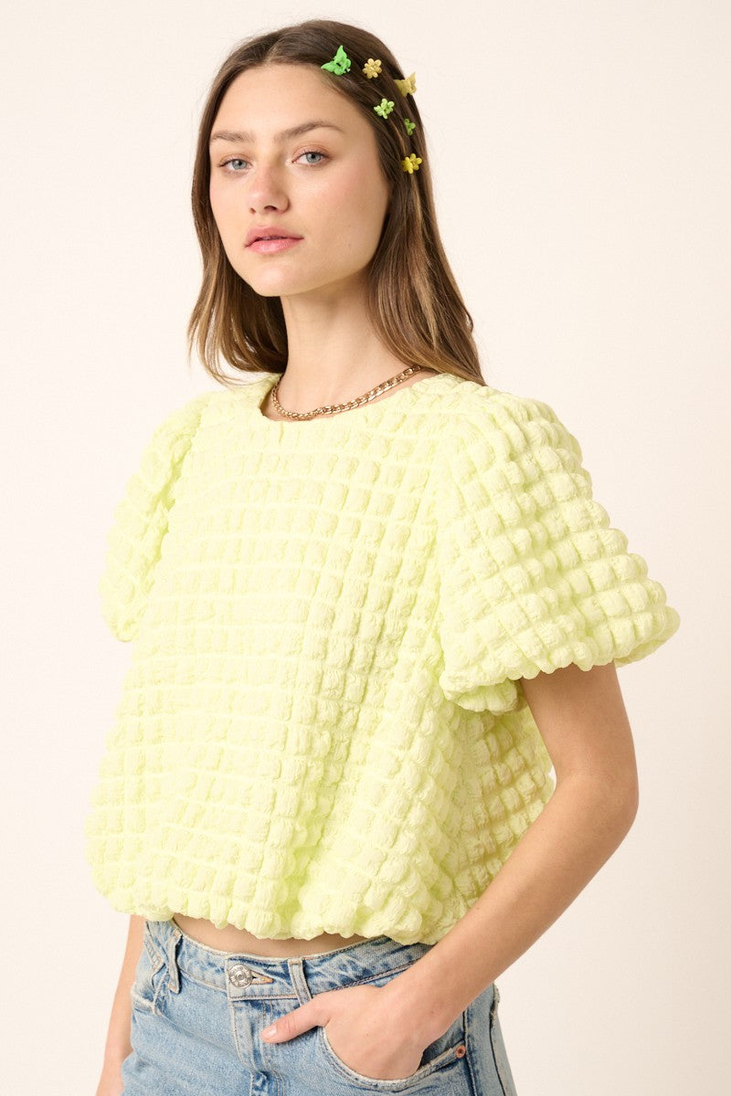 Bubble Texture Round Neck Balloon Sleeve Top