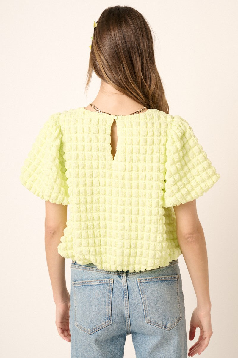 Bubble Texture Round Neck Balloon Sleeve Top