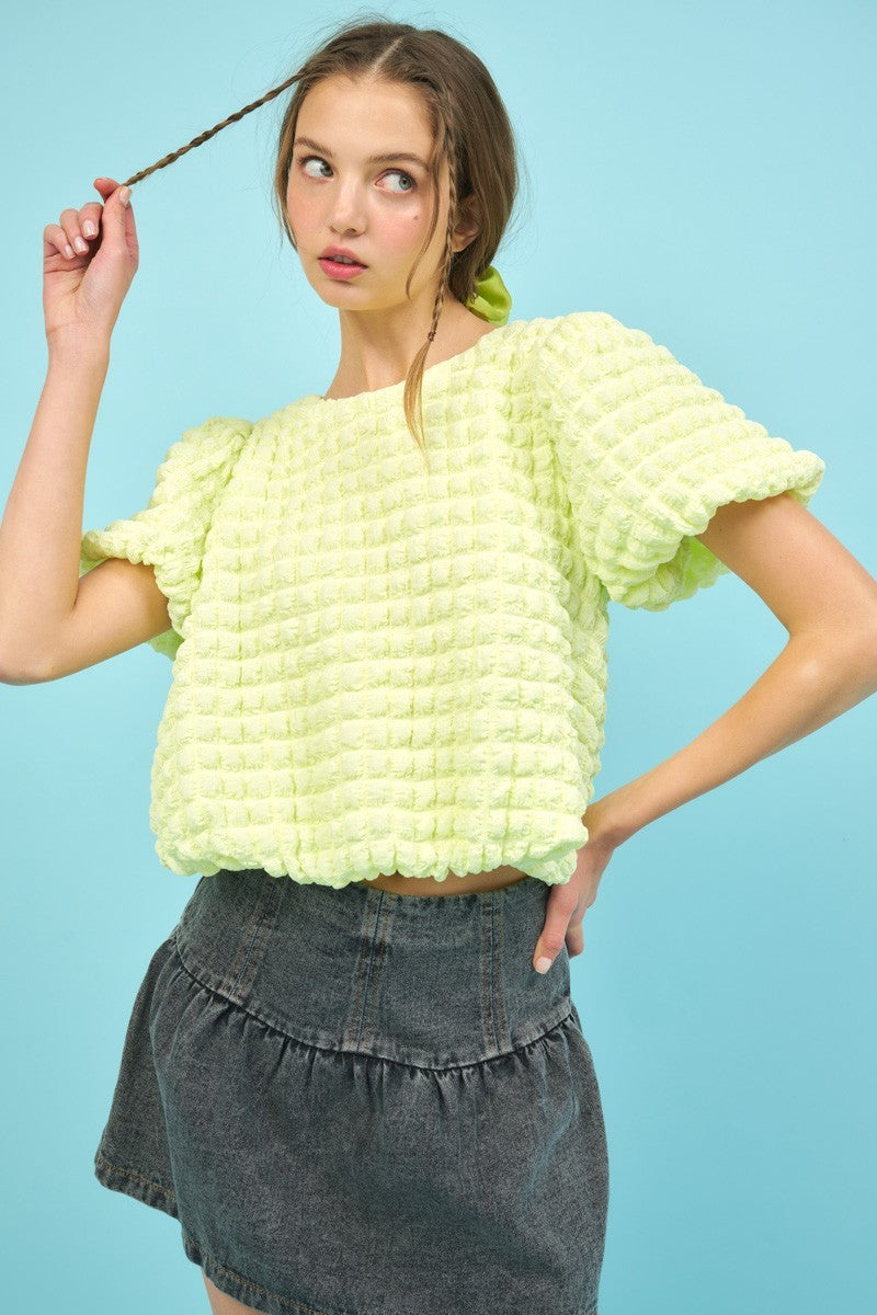 Bubble Texture Round Neck Balloon Sleeve Top