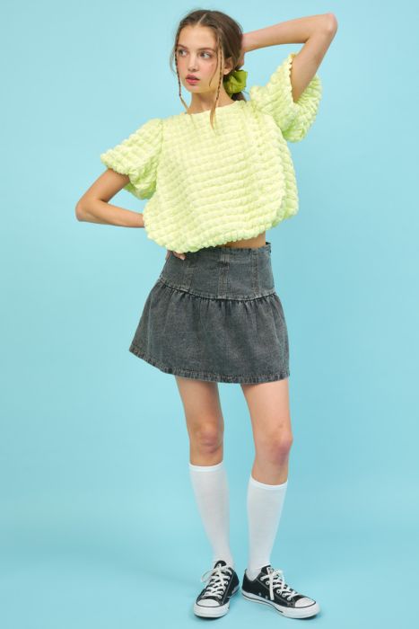 Bubble Texture Round Neck Balloon Sleeve Top