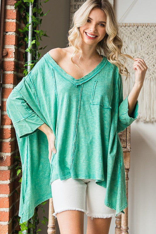 Mineral Washed Oversize V Neck Top