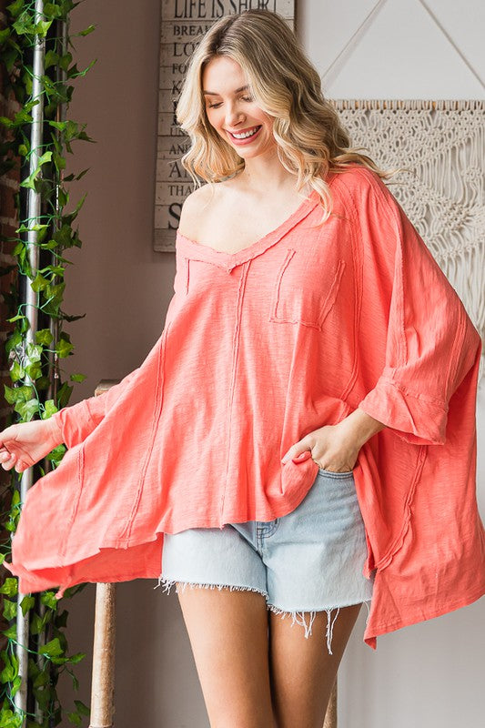 Mineral Washed Oversize V Neck Top