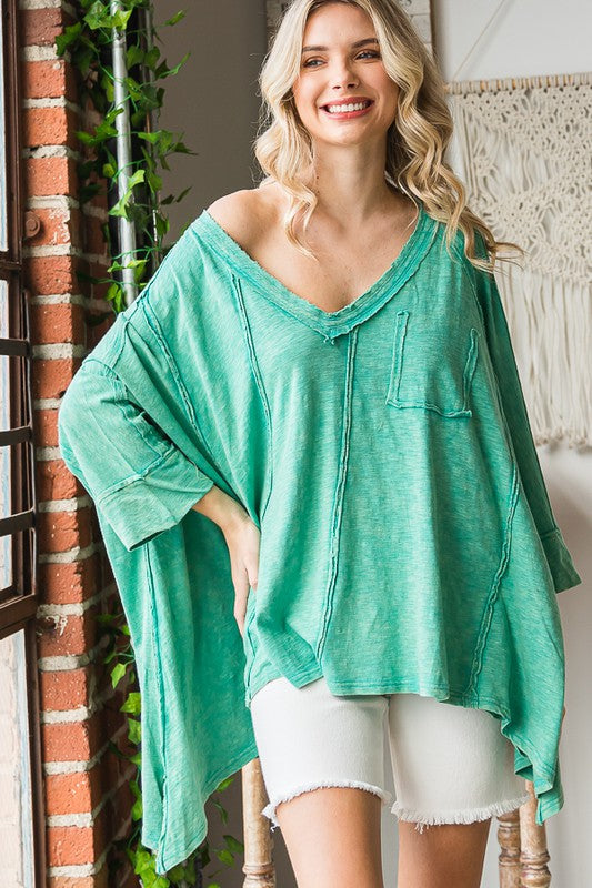 Mineral Washed Oversize V Neck Top