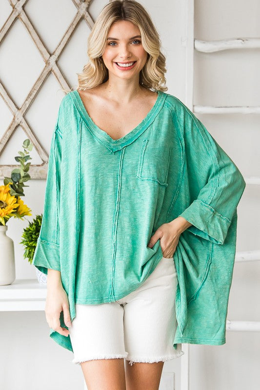 Mineral Washed Oversize V Neck Top