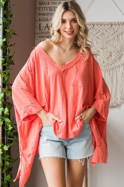 Mineral Washed Oversize V Neck Top