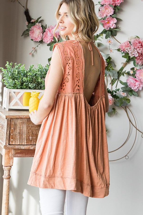 Mineral Washed Embroidered Open Back Tunic Top