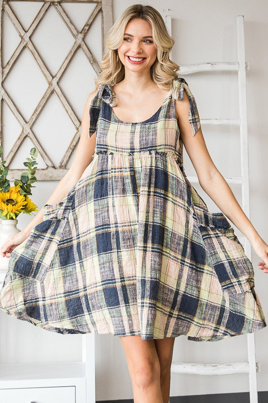 Mineral Washed Plaid Baby Doll Dress