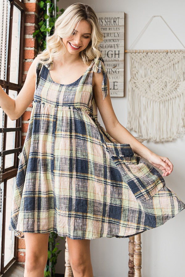 Mineral Washed Plaid Baby Doll Dress