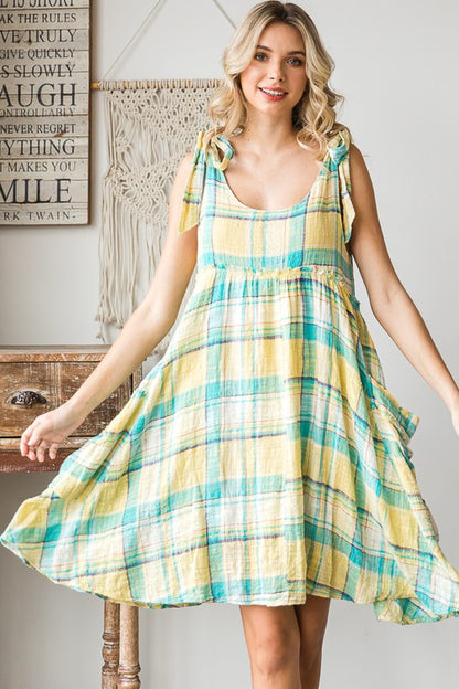 Mineral Washed Plaid Baby Doll Dress