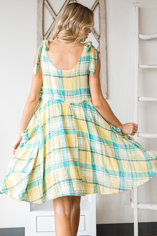 Mineral Washed Plaid Baby Doll Dress