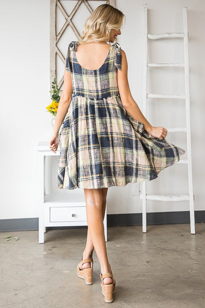 Mineral Washed Plaid Baby Doll Dress