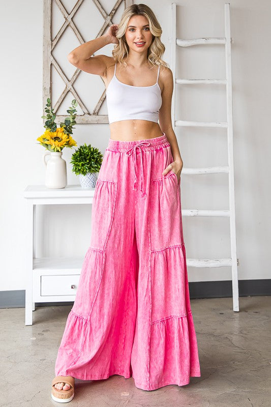 Mineral Washed Tiered Wide Leg Pants