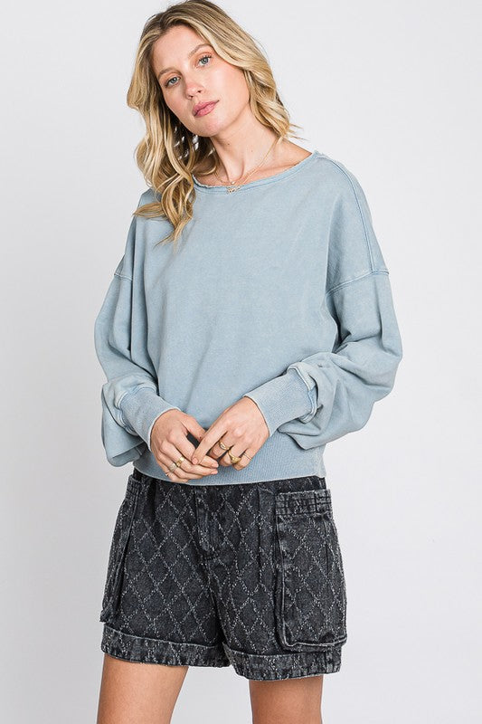 Mineral Washed Solid Drop Shoulder Top