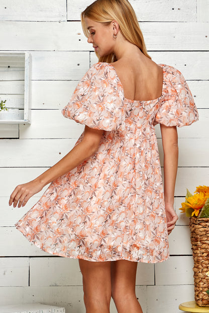 Textured Floral Print Puff Sleeve Babydoll Dress