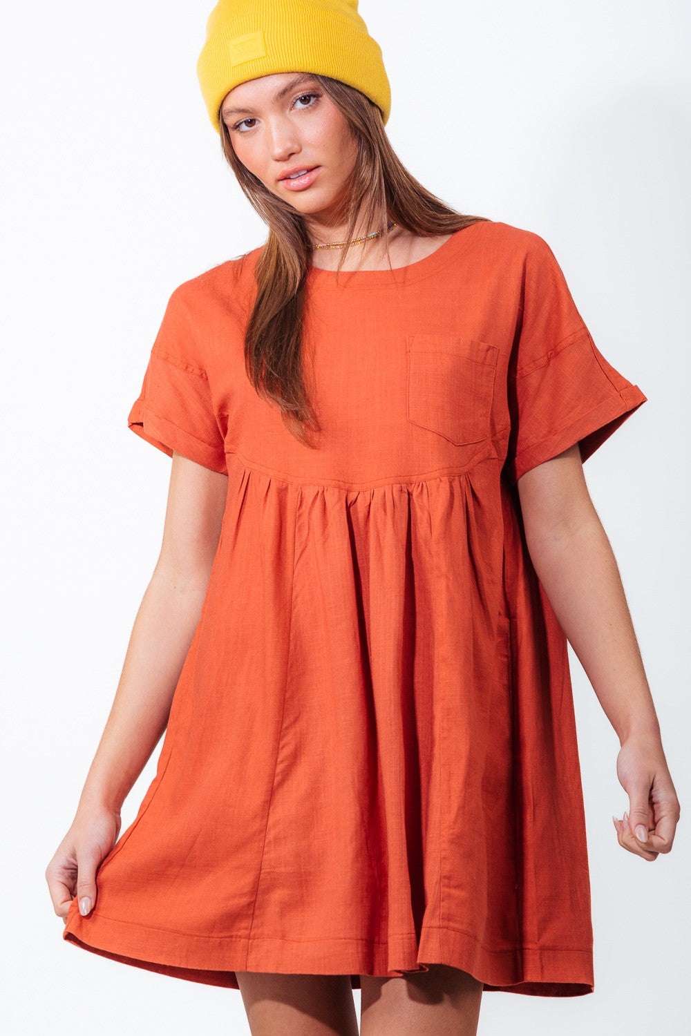 Short Sleeve Solid Woven Mini Dress